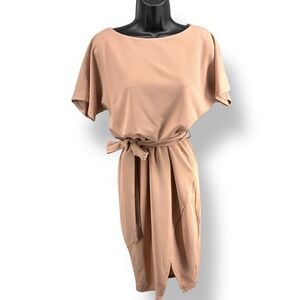 Kensie Peach‎ Midi Dress Belted Side Slit Soft Feminine Spring Wedding Guest NWT